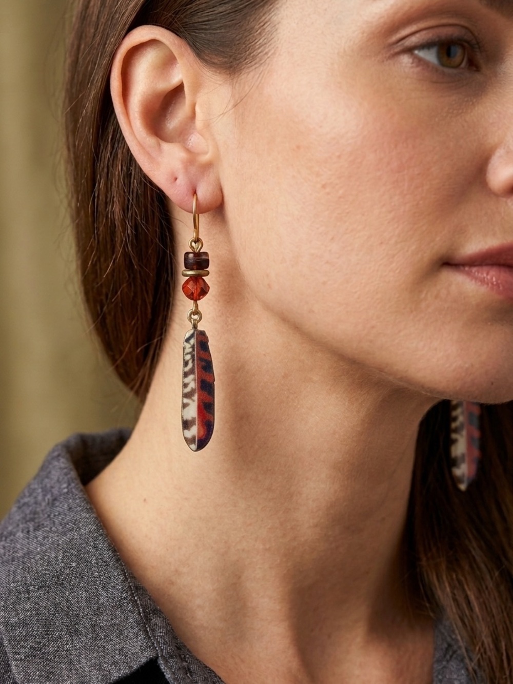 Earrings Handmade Bohemian Style Enamel Feather Gold Tone Peirced